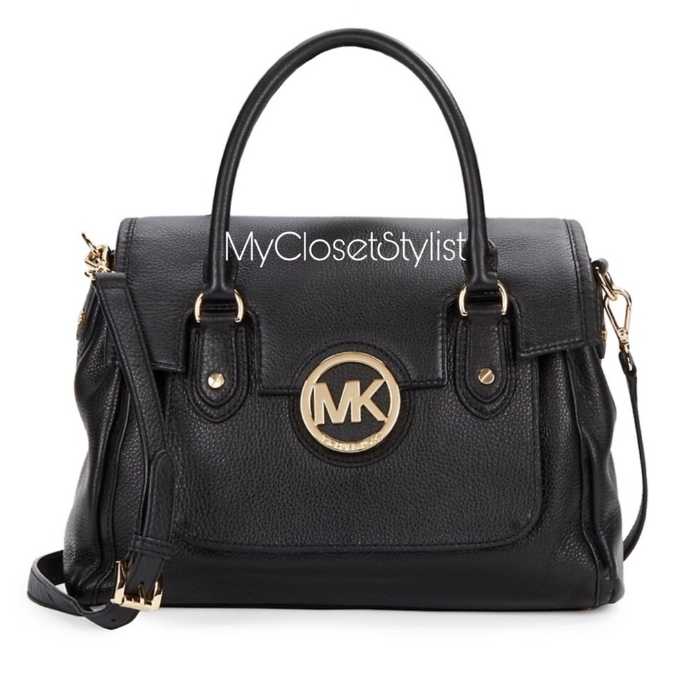 MICHAEL KORS NEW Leather Black Satchel Purse Gold Logo Shoulder Crossbody Strap - Picture 1 of 4
